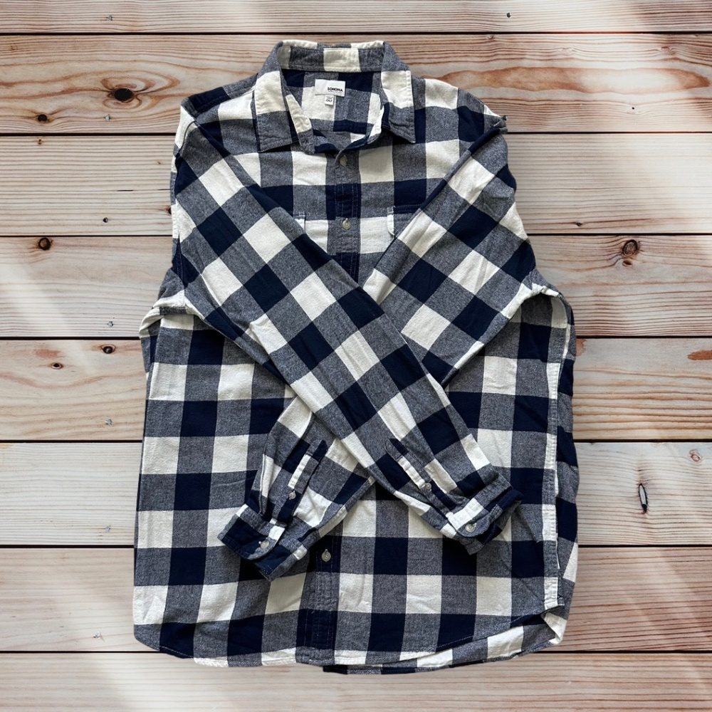 Men's Sonoma 2XLT Long Sleeve Navy/White Plaid Flannel Casual Button Down Shirt